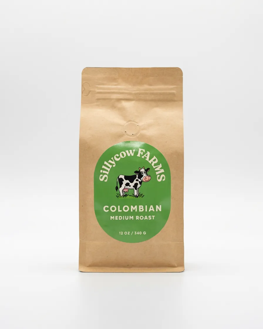 Sillycow Farms Colombian medium roast single-origin coffee, 12 oz bag