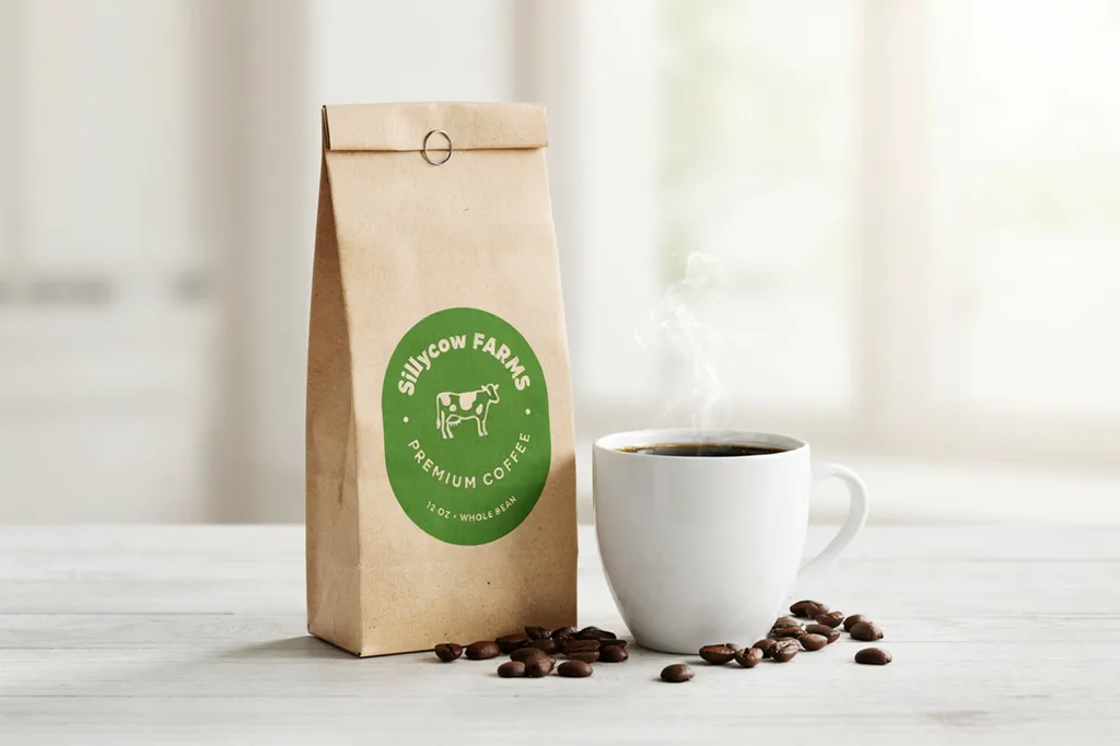 Sillycow Farms premium coffee bag beside a steaming mug of coffee