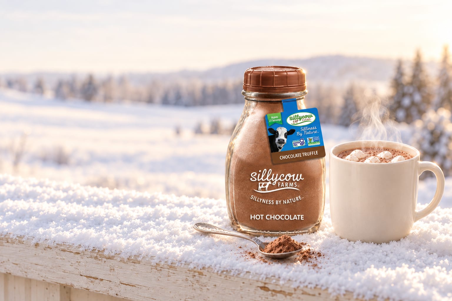 A Sillycow Chocolate Truffle hot chocolate bottle and a steaming mug of hot chocolate with marshmallows on a snowy porch rail, a spoonful of cocoa in front, with a sunlit snowy meadow and fir trees behind