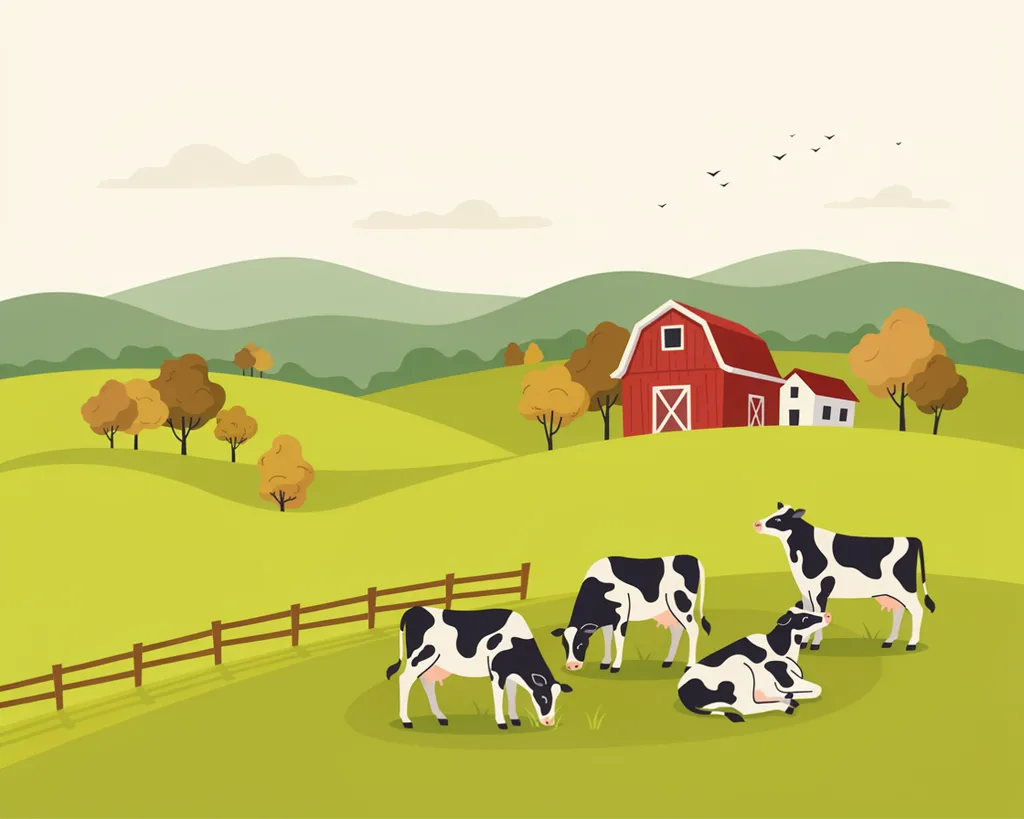 Illustration of a Vermont farm with holstein cows grazing near a red barn among autumn maples